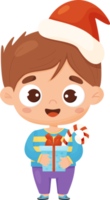 Christmas Cute boy in santa hat with New Years gift png