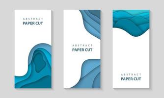 Vector vertical flyers with blue color paper cut waves shapes. 3D abstract paper style, design layout for business presentations, flyers, posters, prints, decoration, cards, brochure cover, banners.