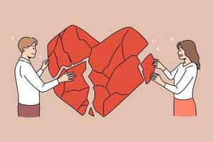 Happy couple connect huge heart pieces overcome relationship problems. Man and woman make peace or reconcile after successful family counseling or psychology session. Vector illustration.