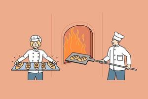 Happy bakers in uniform prepare cook fresh tasty crusty loaves in oven. Smiling worker bake delicious bread in bakery shop or house. Small business ownership, bakeshop. Vector illustration.