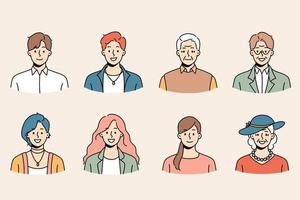 Set of diverse people of different ages and genders profile pictures. Collection of smiling young and old men and women avatar portraits and faces. Generation and diversity. Vector illustration.