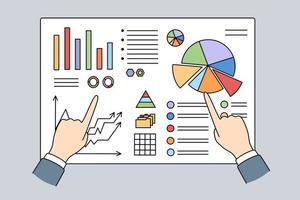 Close up of businessman and analyst hands point at graph and charts on board. Banker analyze growth and falls. Concept of analytical data and accounting. Finances and statistics. Vector illustration.