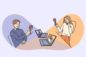 Happy man and woman with wine glasses having online date on computers. Smiling couple enjoy virtual meeting or webcam event on laptop on isolation. Relationship on distance. Vector illustration.