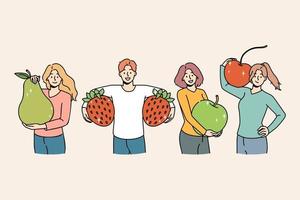 Set of smiling young people holding huge fruit follow healthy lifestyle. Happy men and women with apple, pear and strawberry recommend vegetarian diet and vitamin eating. Vector illustration.