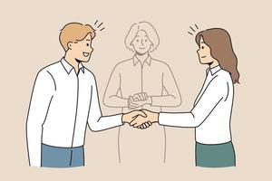 Business partners shake hands find solution with help of mediator. Happy employees or colleagues come to agreement resolve problem with impartial arbitration. Vector illustration.