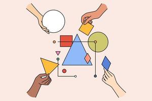 Multiethnic work team connect geometrical shapes and figures involved in teambuilding activity. Hands building system together. Partnership and teamwork concept. Vector illustration.