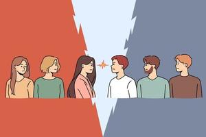 Angry men and women look in eyes stand opposite. Determined mad male and female rivals or competitors oppose. Concept of gender confrontation and opposition. Vector illustration.