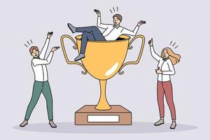 Overjoyed team with huge golden trophy celebrate shared business win or success. Happy businesspeople with award rejoice triumph with career accomplishment. Teamwork. Vector illustration.