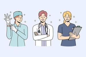 Set of smiling diverse doctors in uniform ready to give good quality medical service to patients. Collection portrait of happy nurse and surgeon in clinic or hospital. Medicine. Vector illustration.