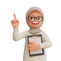 Young muslim woman pointing up 3d cartoon illustration png