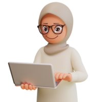 Young muslim woman holding laptop 3d cartoon illustration png