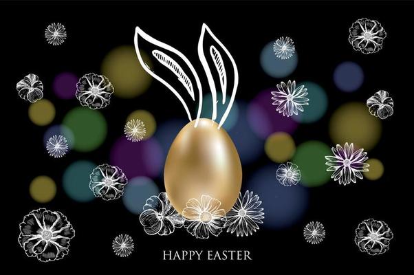 Happy Easter. Rabbits's ears. Gold eggs. Hand drawn illustration.