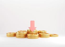 Coins falling down with arrows and golden coin stacks on white background. 3D rendering. photo