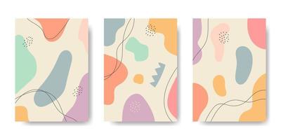 A collection of three abstract backgrounds. Hand drawing various shapes and doodle objects. Trendy modern contemporary vector illustration. Every background is isolated. Pastel color