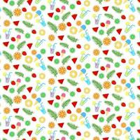 Summer seamless pattern with watermelons, citruses, ice creams, smoothies, pineapples, palm branches. Vector pattern.