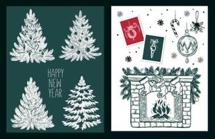 Christmas tree, toys, hand drawn style, vector illustration