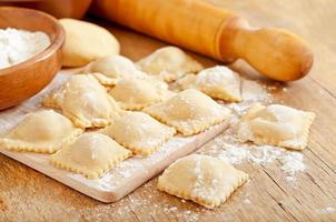 Freshly made homemade delicious homemade ravioli with a roller photo