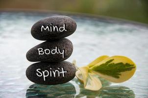 Mind, Body and Soul words engraved on zen stones with space for text. Copy space and zen concept photo