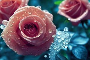 Blooming Pink Roses with water drops photo
