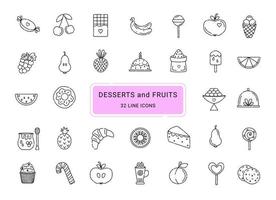 Desserts and fruits, 32 line vector icons