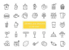 Drinks and snacks, 32 line vector icons