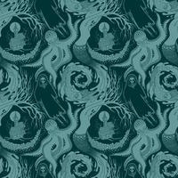 TURQUOISE AND BLUE VECTOR SEAMLESS PATTERN OF DIFFERENT PHANTASMAGORIC SCARY CREATURES OF THE ANIMAL AND AQUATIC WORLD