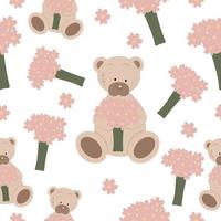 Seamless pattern cute teddy bear with a bouquet of flowers. vector