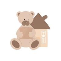 Cute teddy bear with a pillow in its paws near the house. Hygge time vector