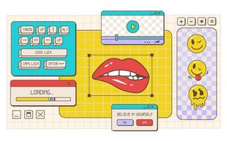 Retro browser computer window in 90s vaporwave style with smile face. Old pc user interface and the keyboard. Desktop PC with message windows and pop-up user interface elements. Vector illustration