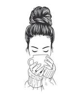 Beautiful woman in a sweater enjoying a cup of coffee. Vector line art illustration