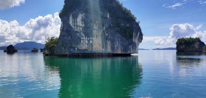 the big rock in the middle of the sea looks beautiful photo