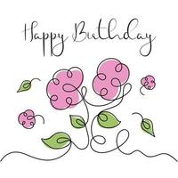 Happy birthday one line art greeting card. Continuous one line drawing with flowers and leaves. Minimalistic vector illustration