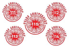 Diseño de logotipo y pegatina de aniversario de 111 a 115 años. vector