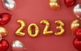 Gold, red, silver balloons with numbers 2023 gold foil on red background. 3d illustration, 3d rendering photo