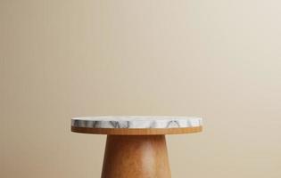 Marble table rests on natural wood base on warm cream colored wall. 3d illustration, 3d rendering photo