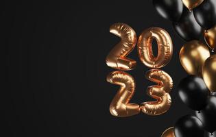 Gold, black, silver balloons with numbers 2023 gold foil on black background. 3d illustration, 3d rendering photo