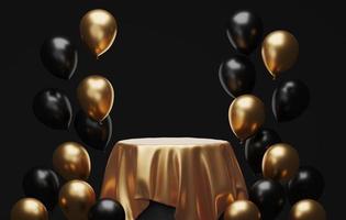 Round black podium with gold silk on luxury is decorated with gold and black balloons. 3d illustration, 3d rendering photo