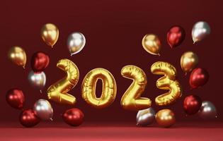 Gold, red, silver balloons with numbers 2023 gold foil on red background. 3d illustration, 3d rendering photo