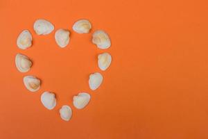 Symbolic heart made from seashells lying on Orange background photo