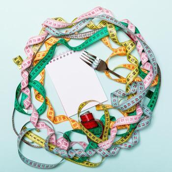 Composition of colorful measuring tapes, fork and notepad on blue background. Top view of diet control and empty space for your design photo