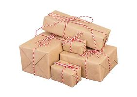 Stack of handcraft gift boxes on white background photo