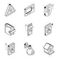 Pack of Security Devices Outline Isometric Icons vector