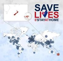 mapa mundial con casos de coronavirus enfocados en nueva zelanda, enfermedad covid-19 en nueva zelanda. eslogan salva vidas con la bandera de nueva zelanda. vector