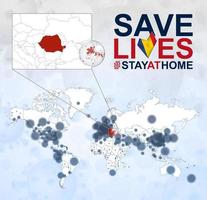 mapa mundial con casos de coronavirus enfocados en rumania, enfermedad covid-19 en rumania. el eslogan salva vidas con la bandera de rumania. vector