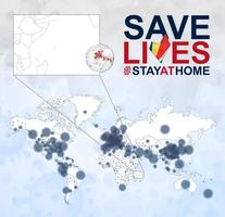 mapa mundial con casos de coronavirus enfocados en seychelles, enfermedad covid-19 en seychelles. el eslogan salva vidas con la bandera de seychelles. vector