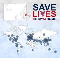 mapa mundial con casos de coronavirus centrados en las islas feroe, enfermedad covid-19 en las islas feroe. el eslogan salva vidas con la bandera de las islas feroe. vector