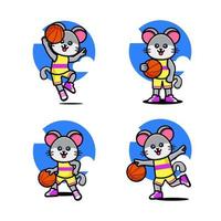 Set of happy cute mouse playing basketball vector