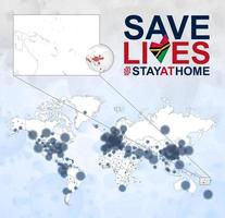 mapa mundial con casos de coronavirus enfocados en vanuatu, enfermedad covid-19 en vanuatu. el eslogan salva vidas con la bandera de vanuatu. vector