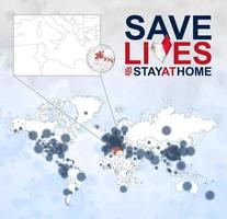 mapa mundial con casos de coronavirus enfocados en malta, enfermedad covid-19 en malta. el eslogan salva vidas con la bandera de malta. vector