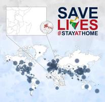 mapa mundial con casos de coronavirus enfocados en comoras, enfermedad covid-19 en comoras. el eslogan salva vidas con la bandera de las comoras. vector